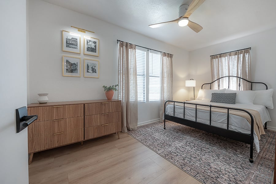 Primary bedroom at the back of the house with Queen sized bed and comfortable mattress