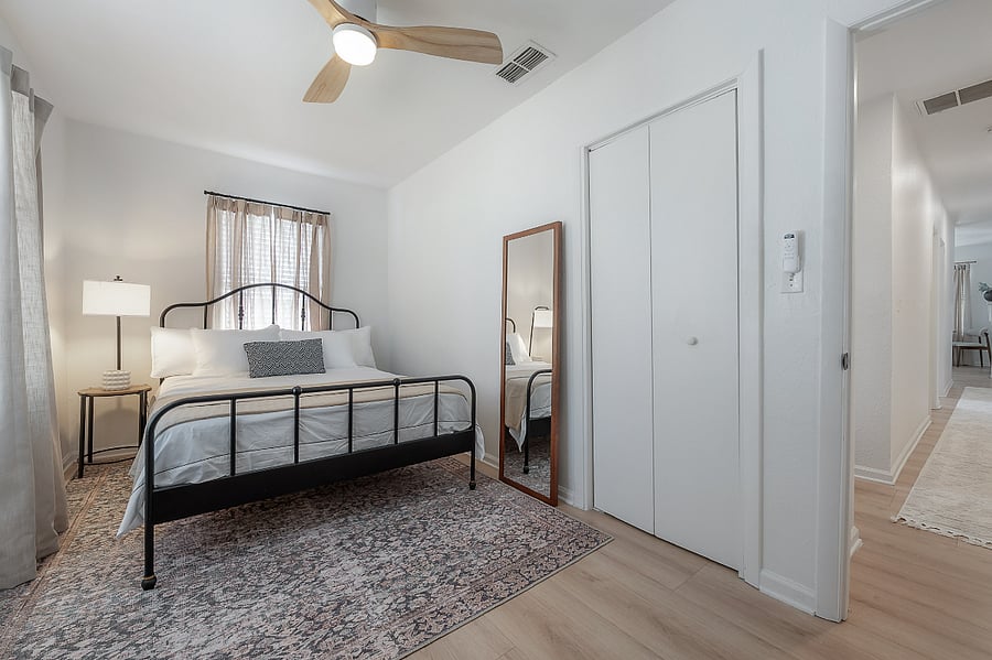 Primary bedroom at the back of the house with Queen sized bed and comfortable mattress