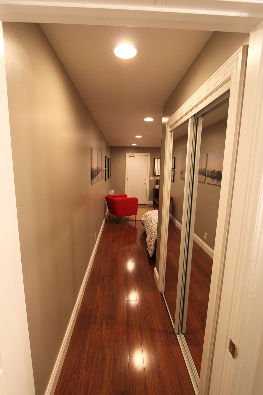 Looking from the bathroom to front door