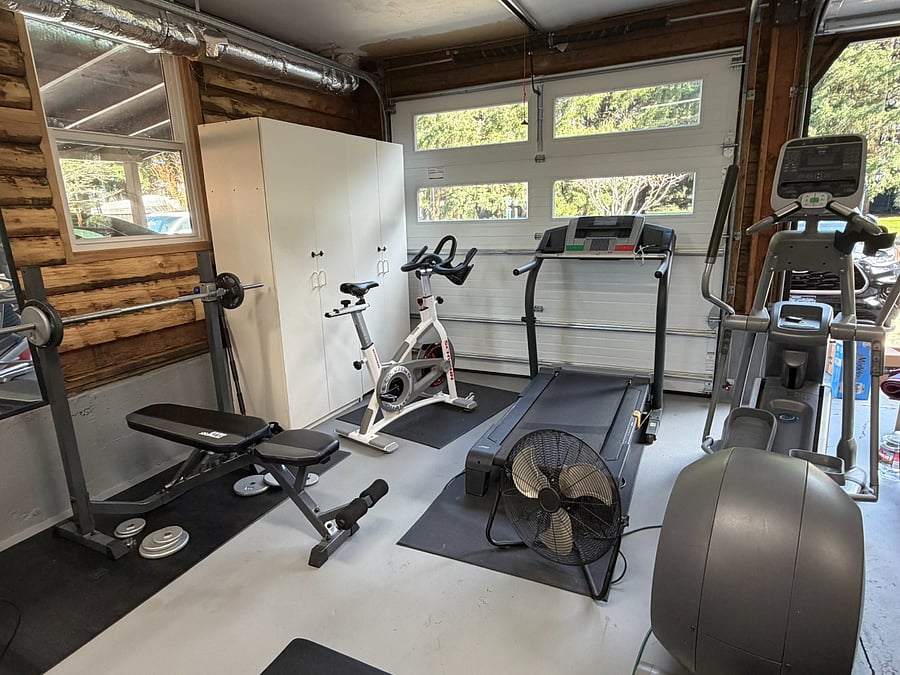 Private, indoor gym features, treadmill, elliptical, bike, bench, pull-up machine, bow-flex and free-weights.