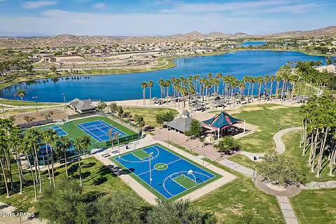 Tennis, pickleball and basketball courts on South Lake as well as covered play ground, picnic areas, beach volleyball and walking trails, just a short stroll away