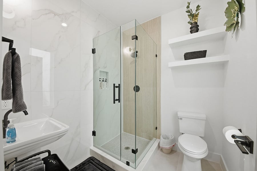 Full Bathroom 3 includes air conditioning and hot water for added comfort. The bathroom is stocked with essentials such as shampoo, body soap, and shower gel, along with cleaning products and a hair dryer for guest convenience.