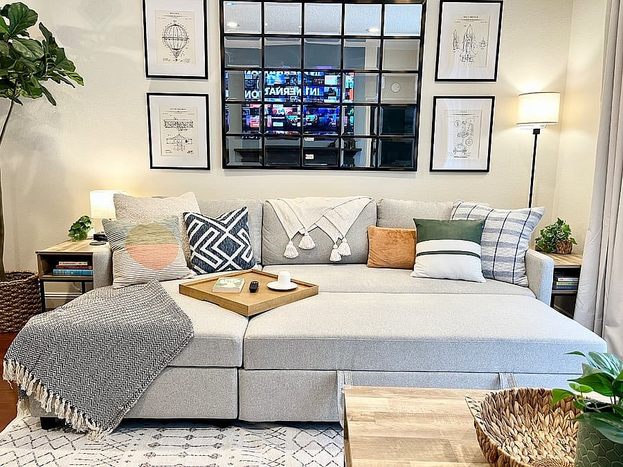 New Pottery Barn slipcovered sectional with a pull-out trundle to create additional lounging space for cozy movie nights.