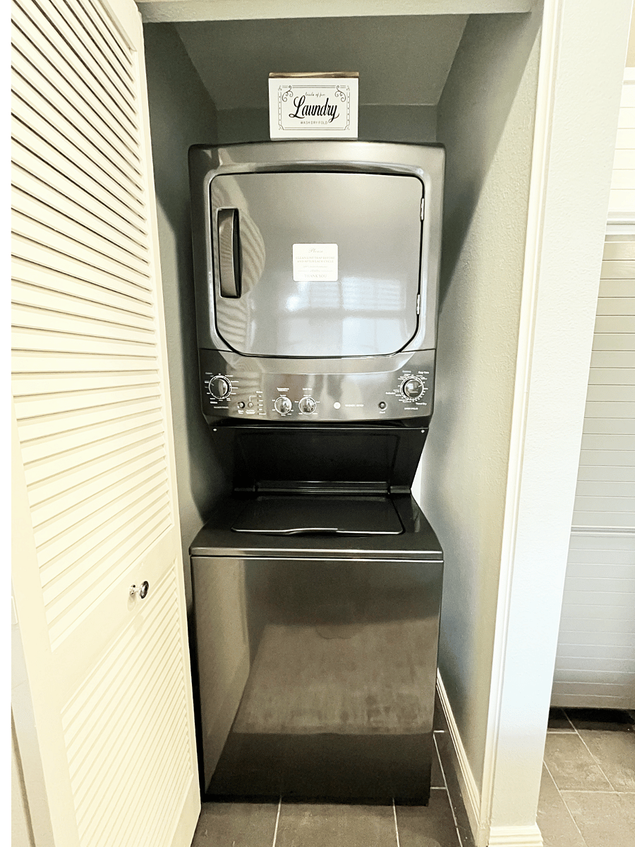 Full-size, brand-new in-unit washer and dryer with starter laundry pods and Bounce sheets  making laundry simple and convenient.
