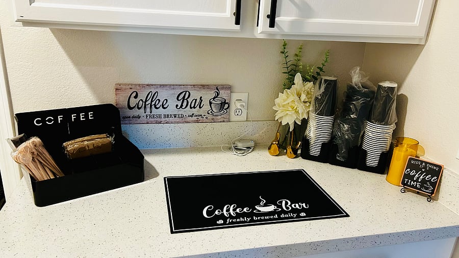 Fully stocked coffee bar! K cup coffee machine will be available.