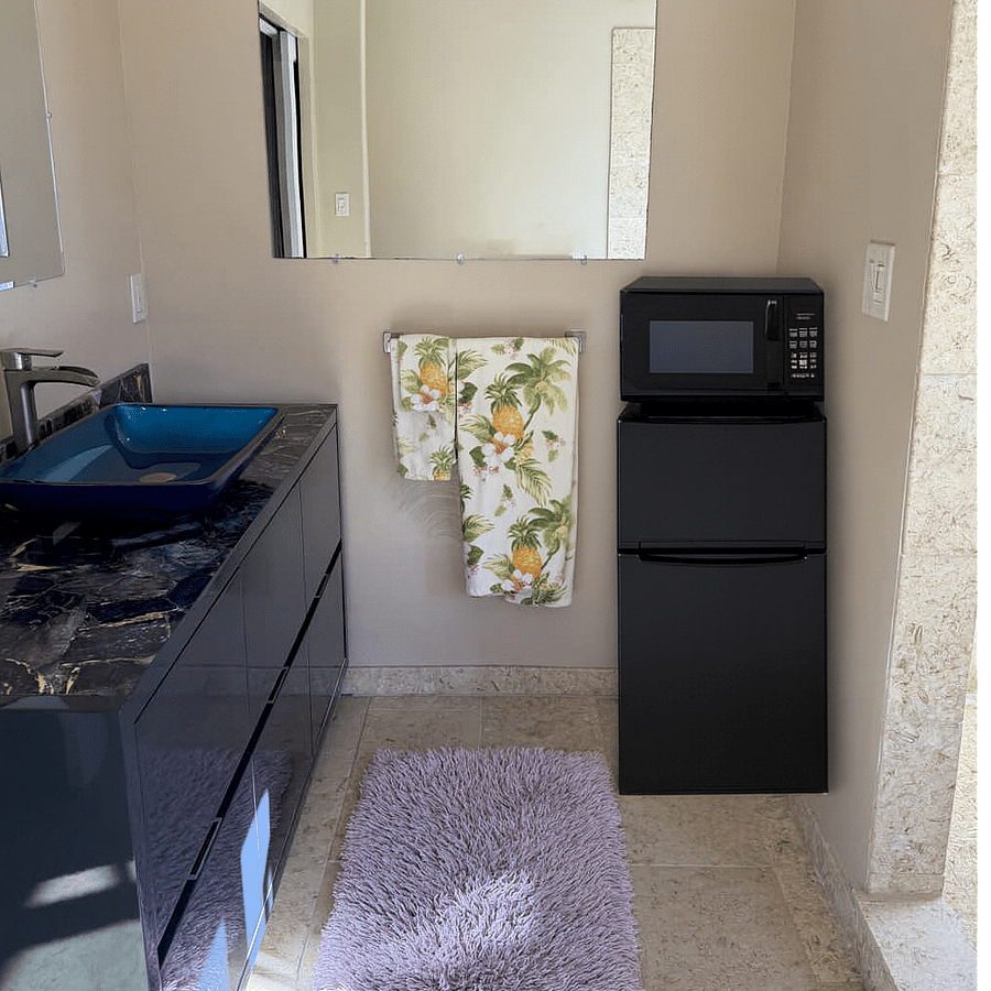 Minifridge + microwave for convenient, private meals