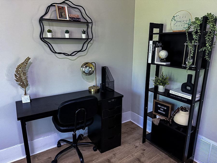 Dedicated workspace with desk, chair, and dedicated charging station.