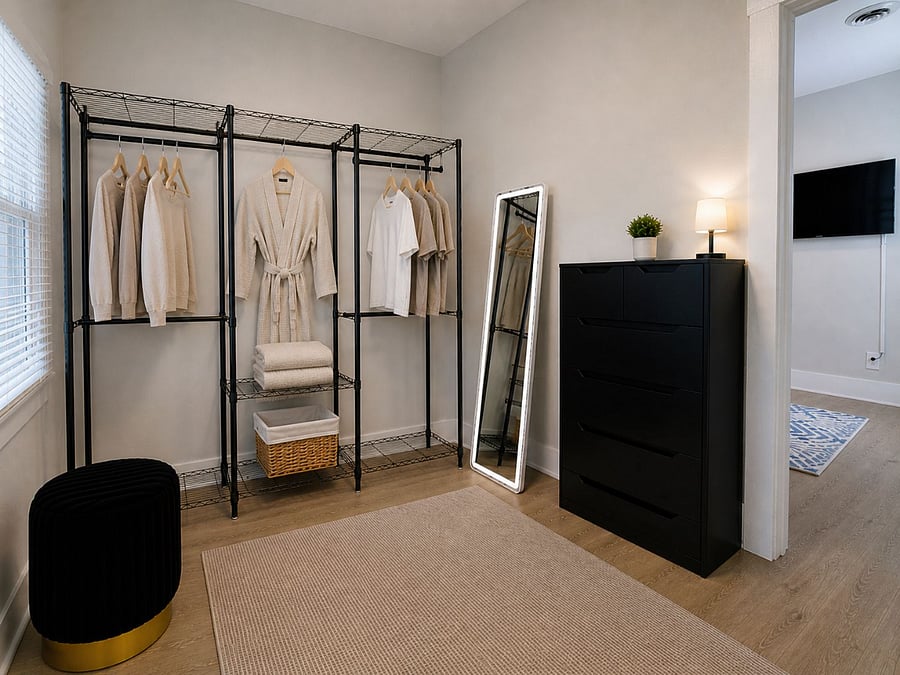 Boutique style dressing area with open wardrobe storage, shelving, chest of drawers, shoe racks, and a full-length mirror.