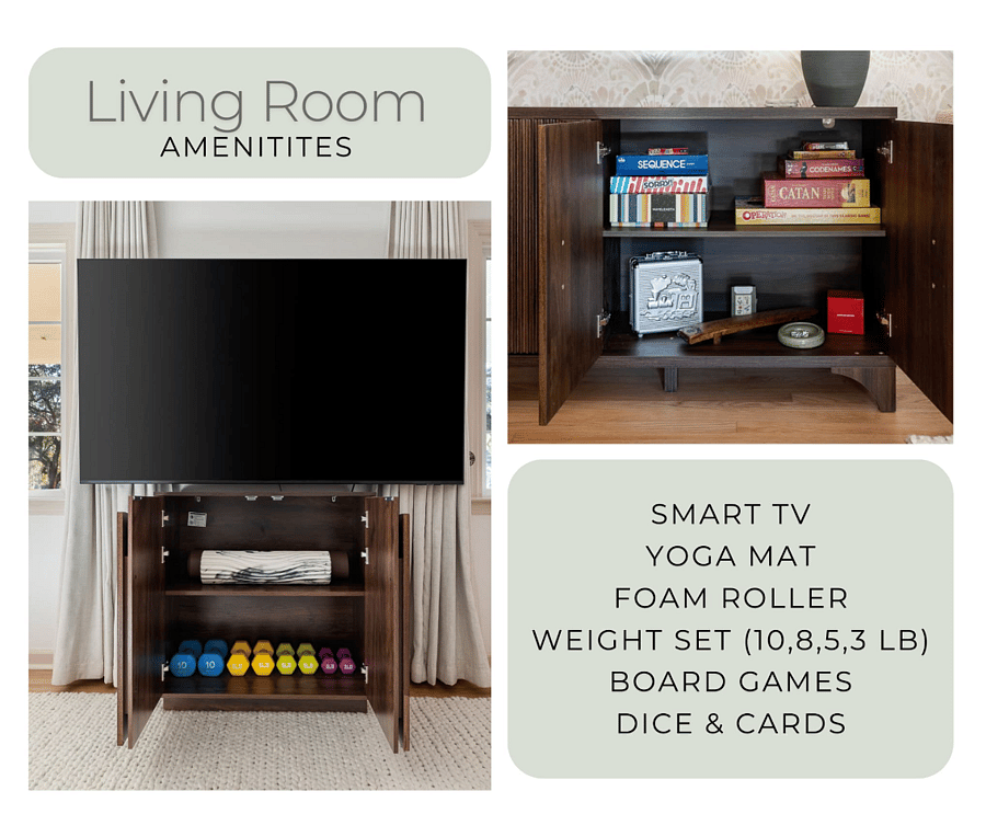Living Room Amenities include smart tv, yoga mat, foam roller, free weights, board games, dice and cards.