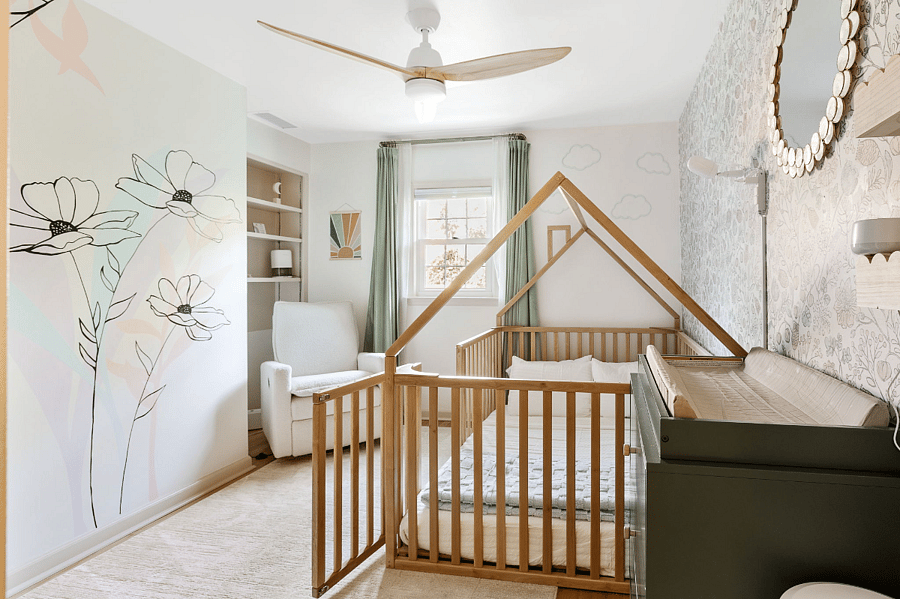Bed doors can be left open or closed. Nursing chair and lamp lighting. Small touches to make it feel a little more magical.