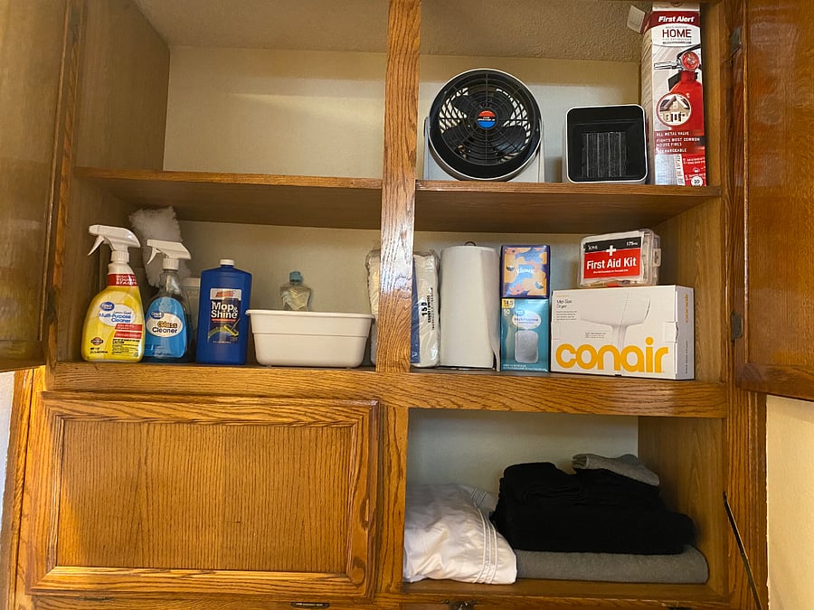 Fire Extinguisher, 2 Smoke/Fire Detectors, First Aid Kit, Fan, Space Heater, Hair Dryer as well as cleaning supplies provided