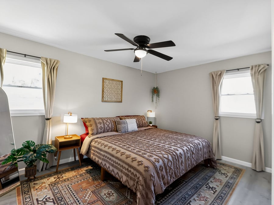 2nd floor / bedroom 1 / king bed / closet / hanging organizer / ceiling fan / portable fans as well / AC in every room 