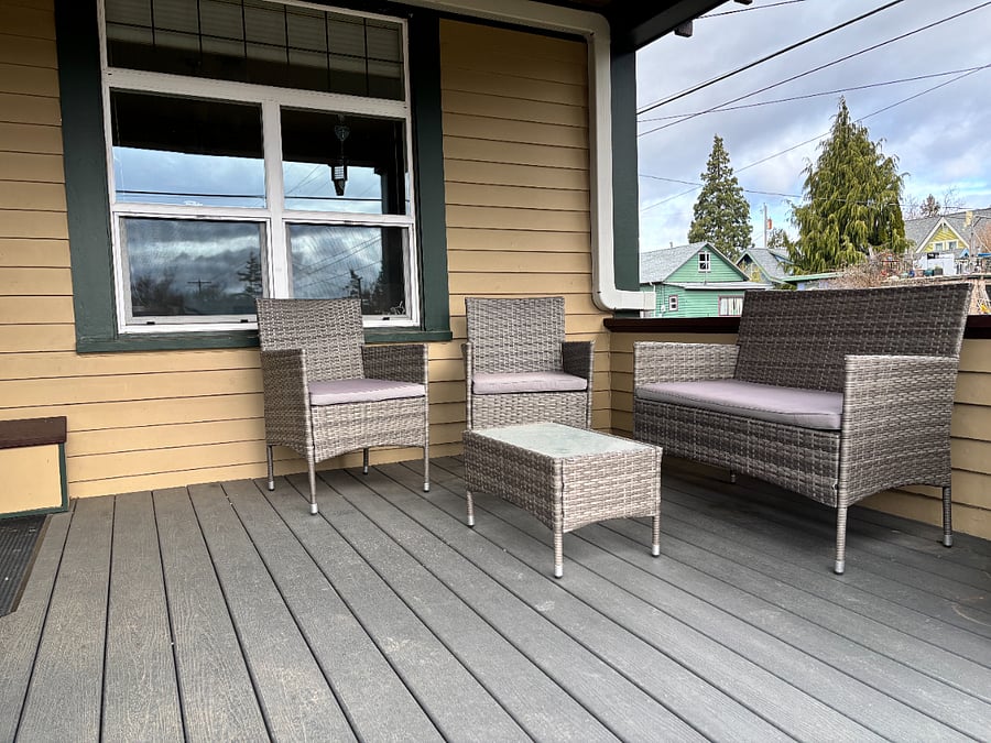 Front porch. Your upstairs neighbor passes through this space for the front door and entry area.