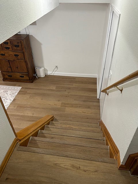 Landing and stairs to cozy basement apartment