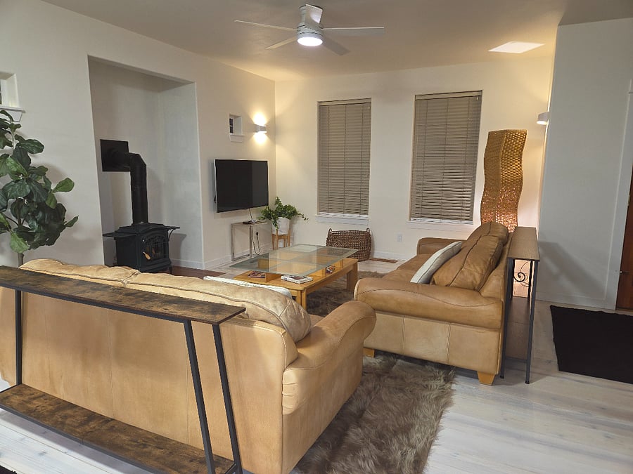 Living room with gas stove and TV