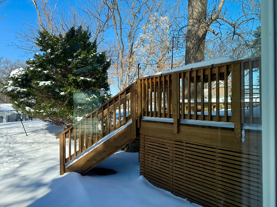 Deck, patios and fenced backyard- View from office - Garden Level