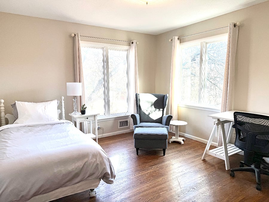 Bedroom with single bed- Upper Level - East and South facing windows