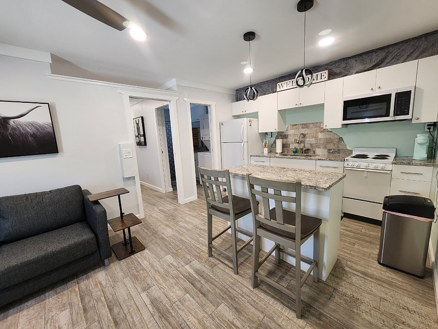 Open concept, kitchen and living room.