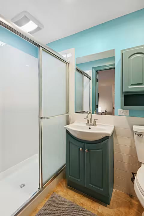 Bathroom 2 - 1st level, wide doorway, raised toilet seat, handrails by toilet and in walk-in shower