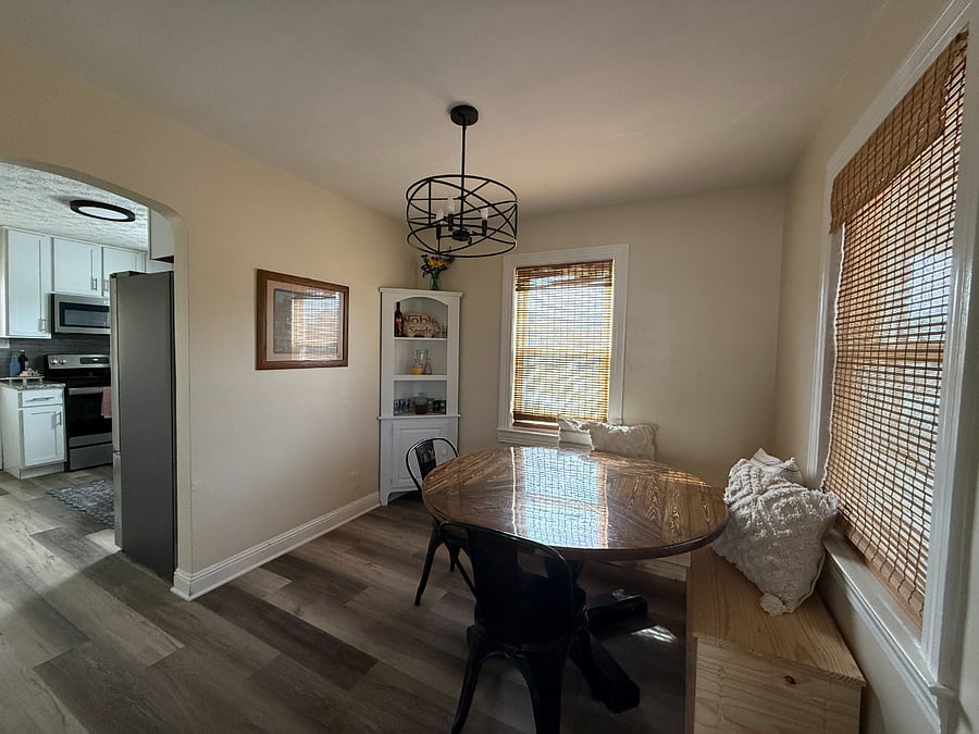 Dining room, view from the living room, looking into the kitchen.