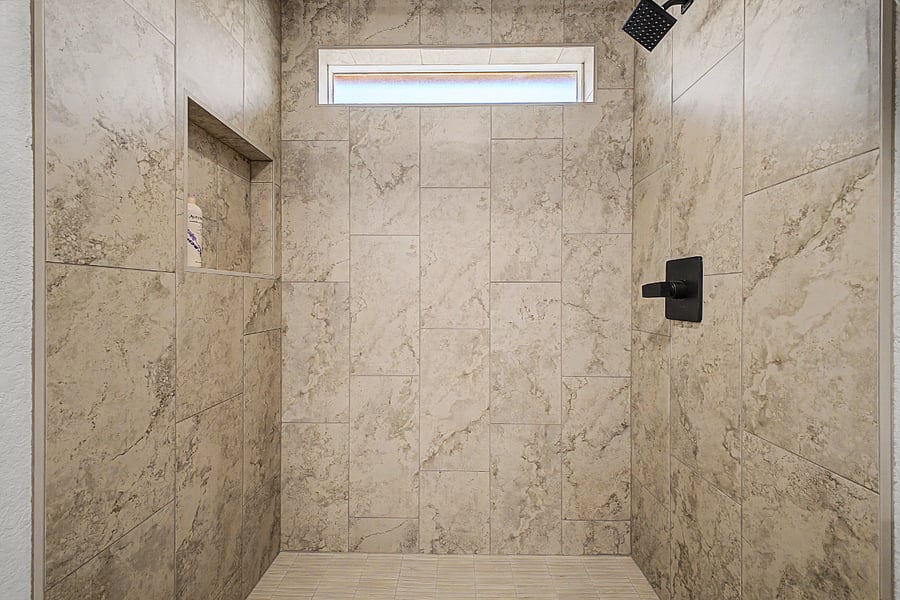 Primary bathroom` walk-in shower. Newly remodeled.
