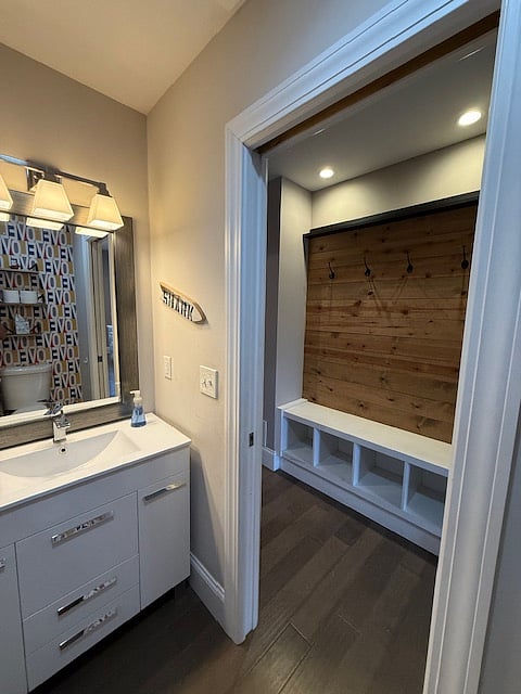 View from bathroom, towards hallway storage