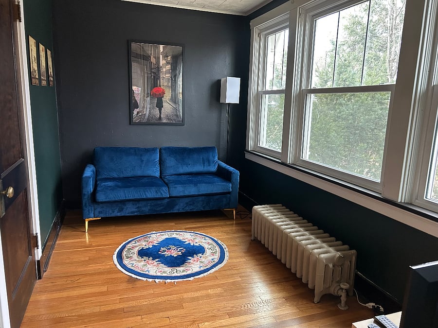 Sunroom off of main living and work area. Lots of natural light and second TV.
