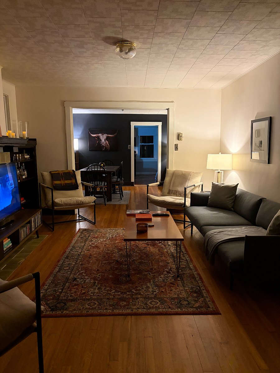 View into living and dining area.