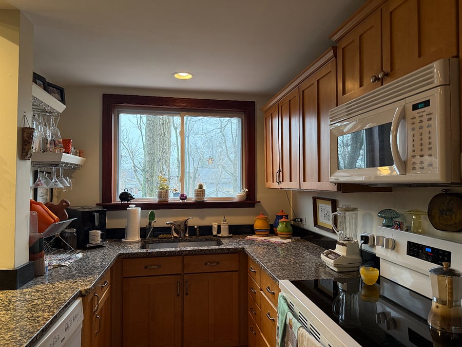 kitchen prep area. New stove, blender, coffee maker and all cooking amenities provided, including spices!