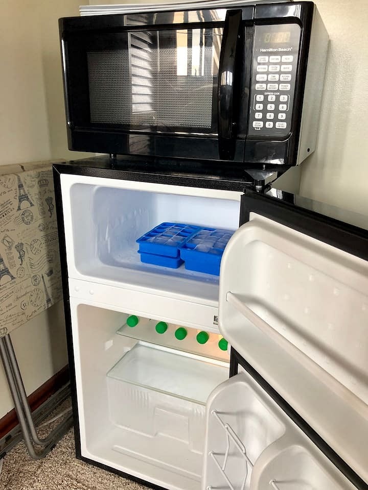 Our mini fridge that keeps ice and ice cream ice cold. Our kitchenette comes fully equipped.