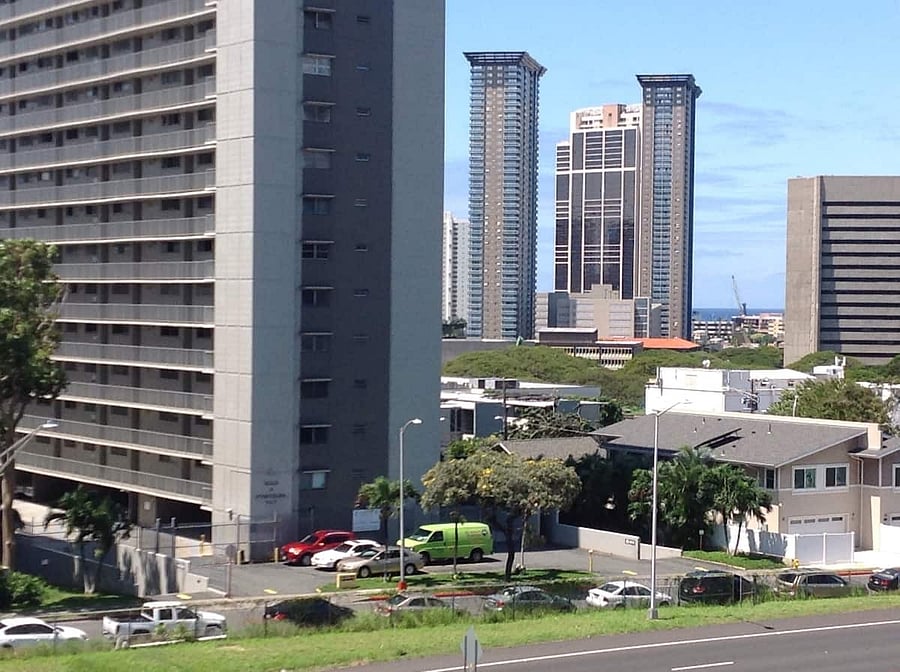 Downtown Honolulu with ocean in background - walking distance to Kewalo Water Basin & Park, SALT at Kakaako and Ala Moana Beach Park.