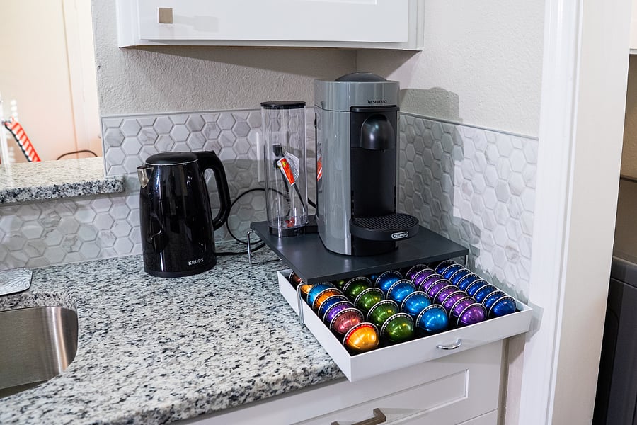 The kitchen is stocked with a lovely selection of coffees and teas.