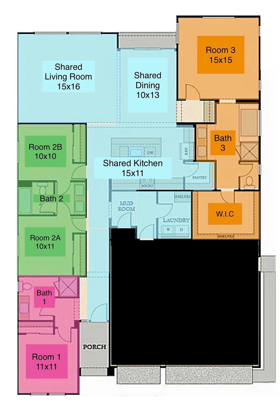 Home layout. This listing is for Room 1 and Bath 1 (pink). Shared areas are color coded in blue.
