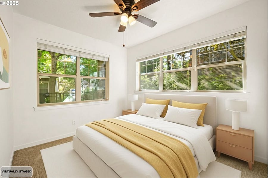 2nd Queen bedroom surrounded by natural light a luscious green landscaping. Virtually staged. New furniture coming in March!