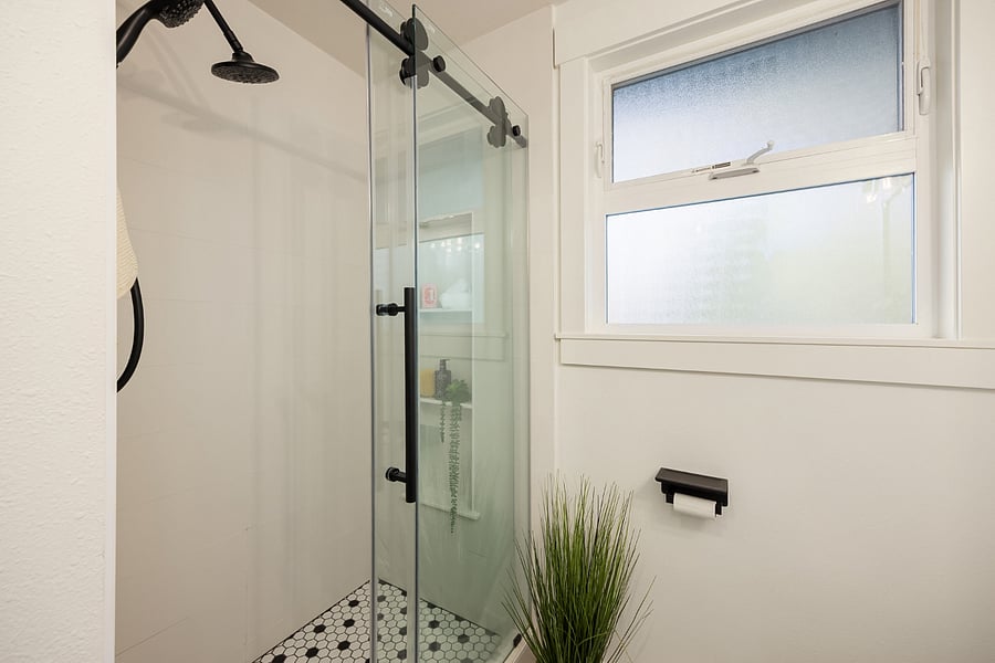 Rain Shower Head with shower handle combo and shower niches for all your things.
