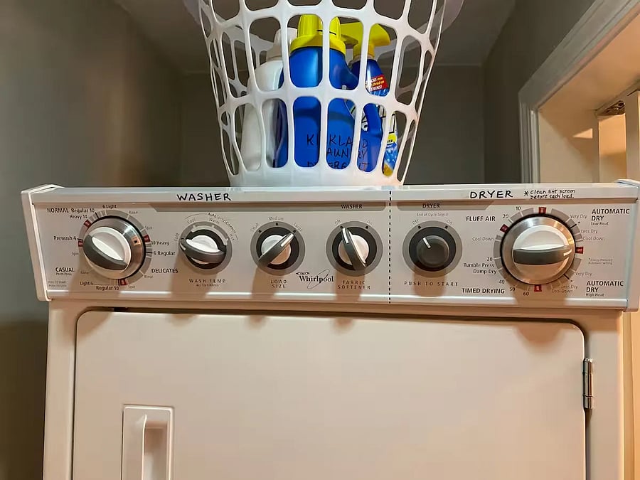Master Bedroom large walk-in closet has a washer/Dryer stacker (the closet doors can be closed)
Includes starter laundry detergent and supplies
Closet also includes topper mattress, and plenty of room for hanging clothes, extra pillows, comforters, fan and floor heater.