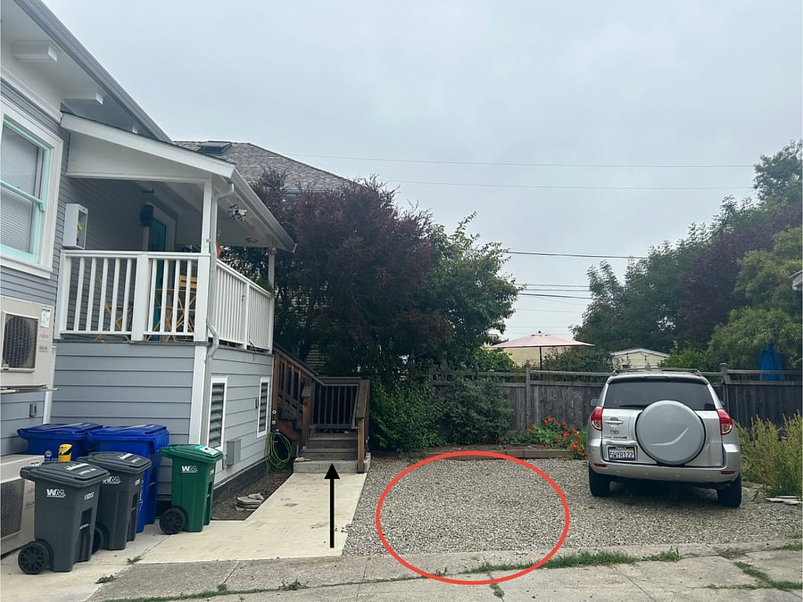 Parking spot and stairs to the Hideaway