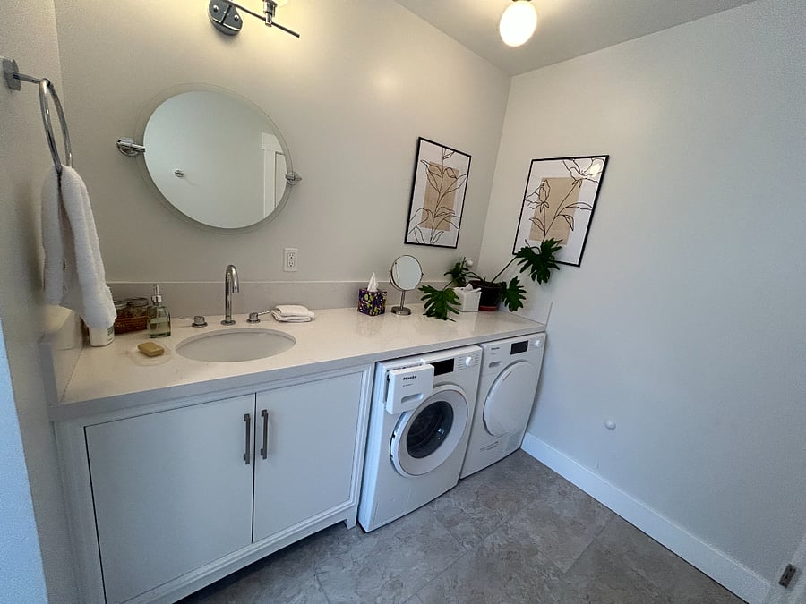 Bathroom counter is spacious enough for all your needs!