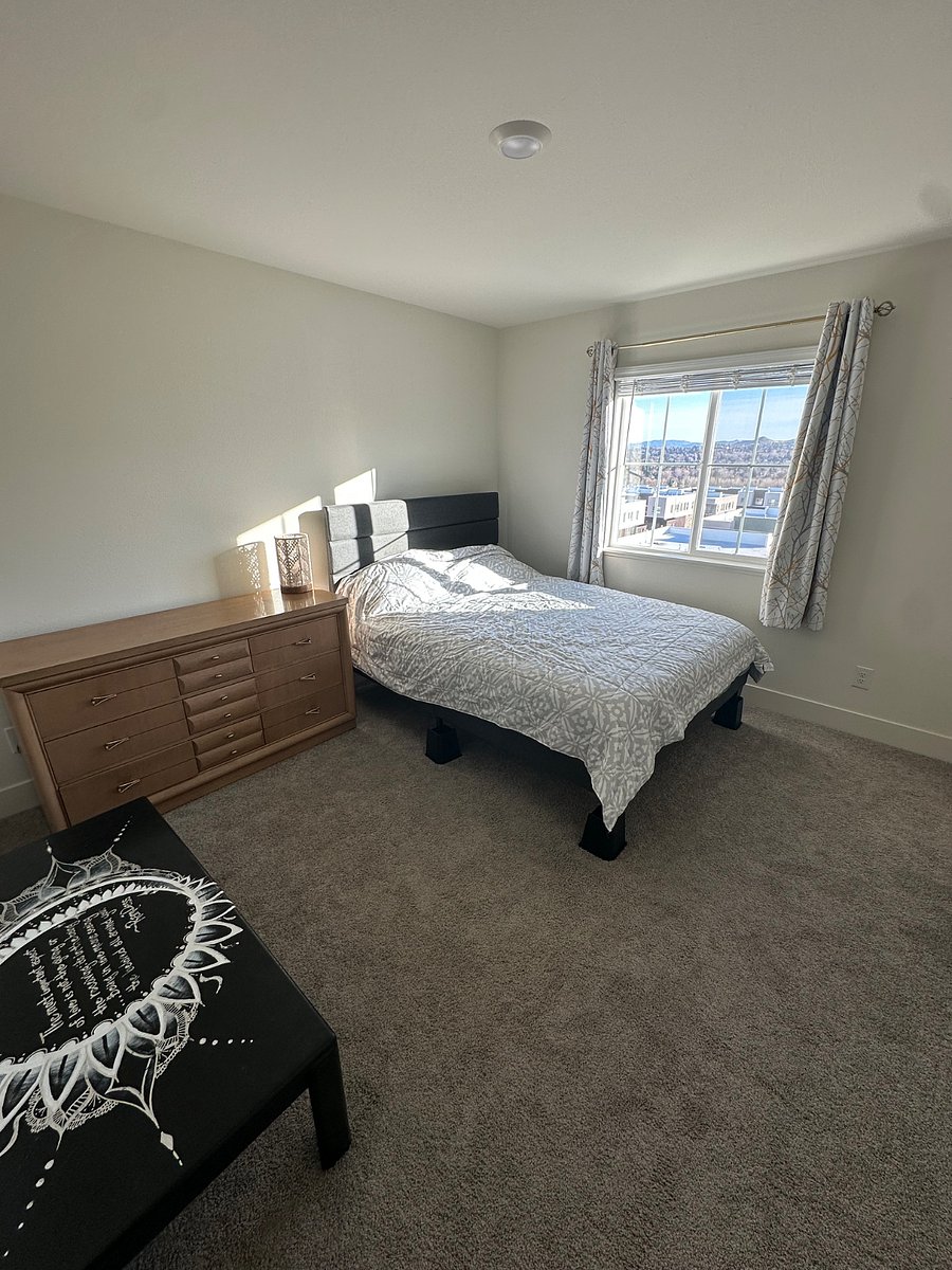 Equipped with shades and blackout curtains. Will buy proper nightstand.