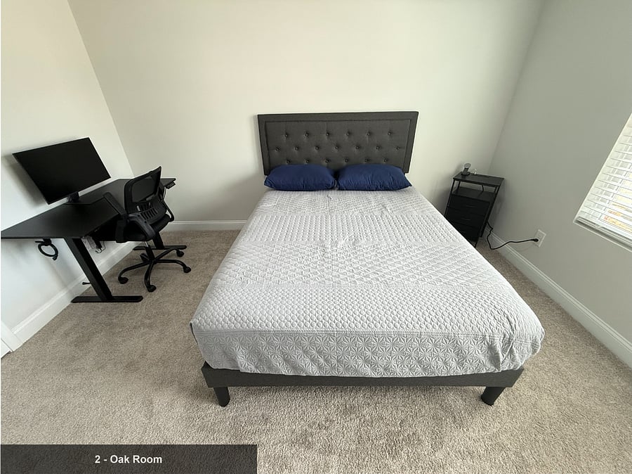 Queen bed, standing desk, workstation, mag-safe charging station.