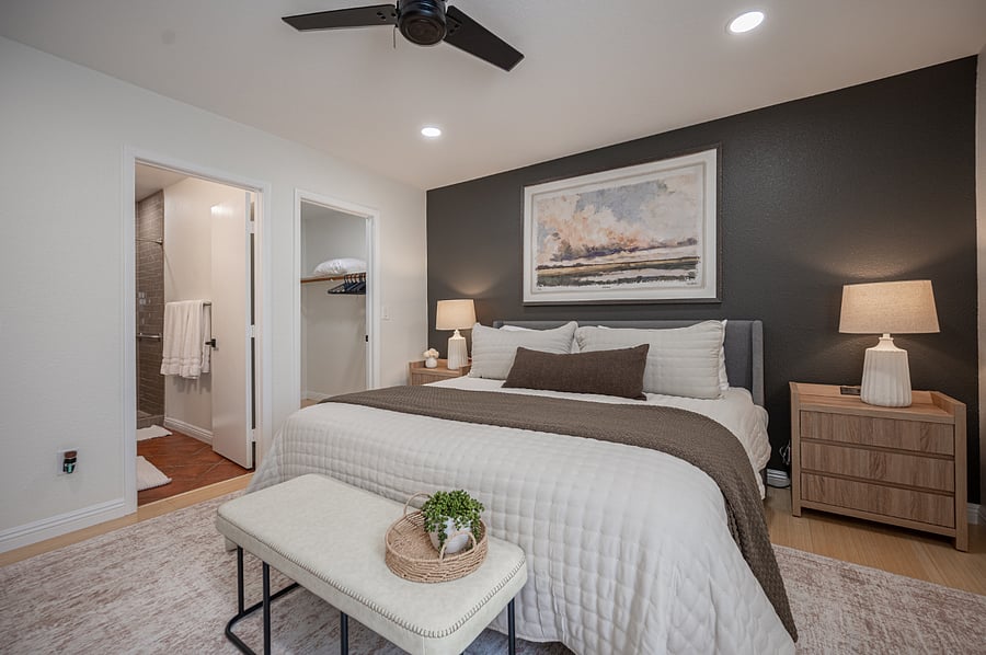 Beautiful cozy and spacious master bed/bath with large walk in closet.