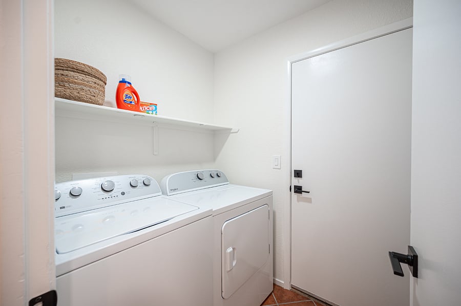 Our laundry room is complete with detergent and cleaning supplies to help you to keep up on your weekly chores. ;)