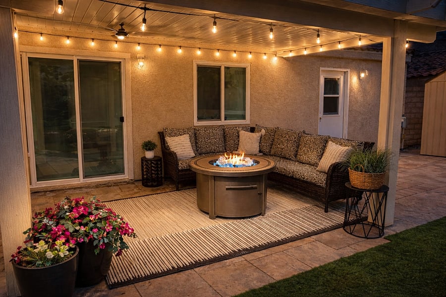 The best part about being in Vegas, is enjoying the evenings (all year round) on your back porch! Turn the cafe lights on, grab the s'more sticks and switch the gas fire pit to the on position!
And those cafe lights? They change colors for holidays or special occasions!