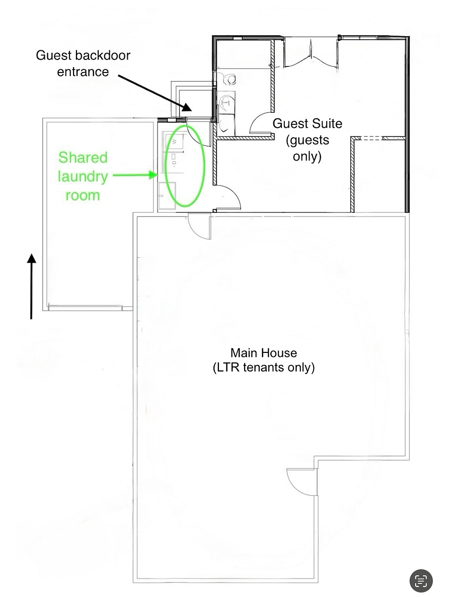 This is the layout of the guest suite and the shared laundry room, with respect to the rest of the house occupied by long-term tenants.
