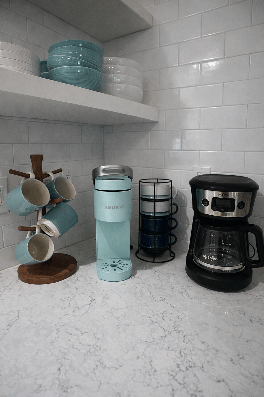 Dedicated coffee station with Keurig and drip coffee maker, plus mugs and essentials to start your mornings with ease.