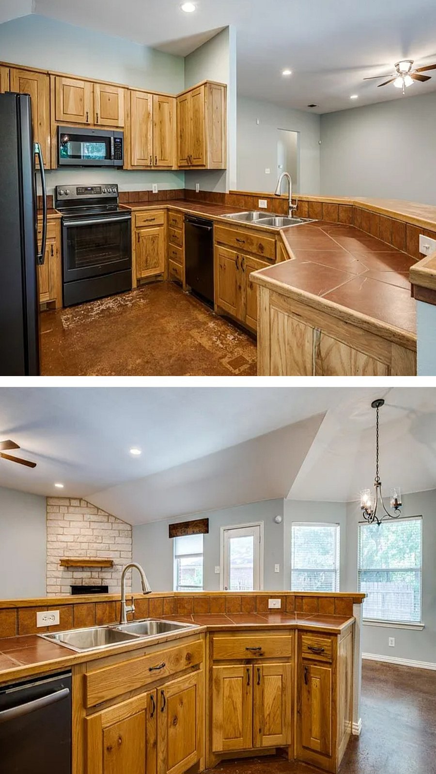 Kitchen has concrete floors. Floor mats now cover faded areas. This flooring will be restrained eventually 