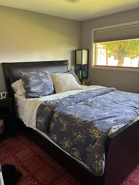 bedroom with queen bed on the sunrise side of the house, overlooking the back yard