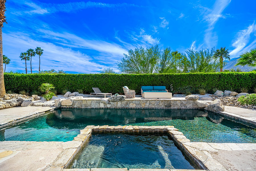 Saltwater pool, hot tub, and firepit