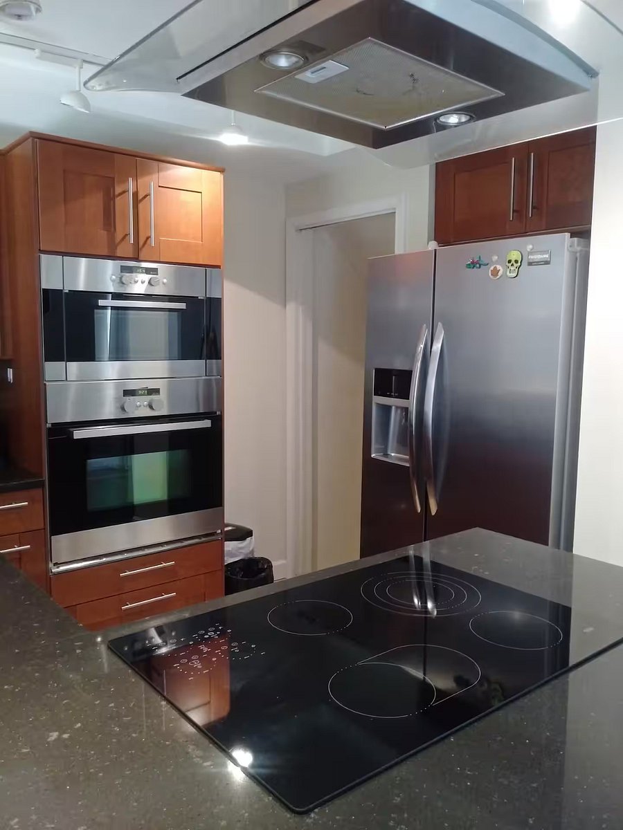 Kitchen showing full fridge, microwave, oven, electric range, dishwasher,