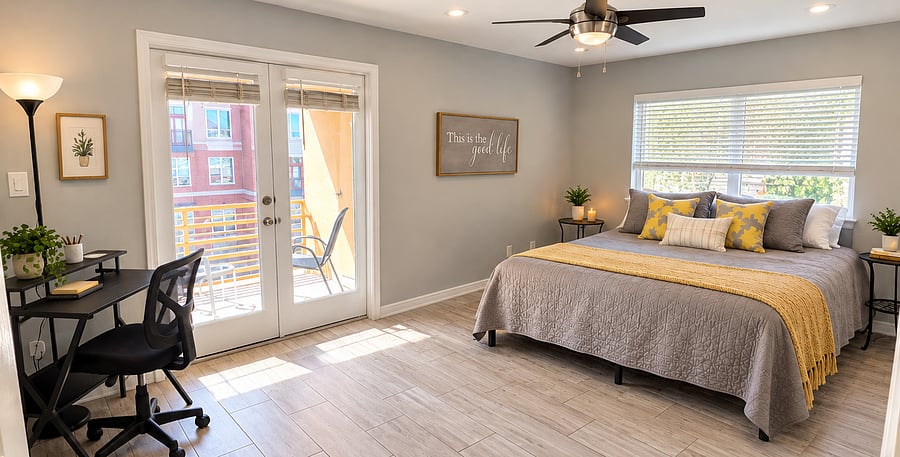 Main floor bedroom with two balconies. King bed. Office desk and chair perfect for working from home or random scrolling.
